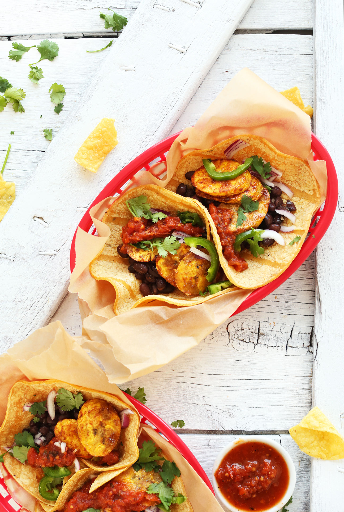 Trays of our Spicy Plantain Black Bean Tacos for a delicious gluten-free vegan meal