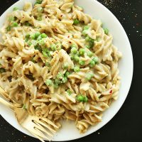 Big plate of simple and delicious Vegan Alfredo Pasta