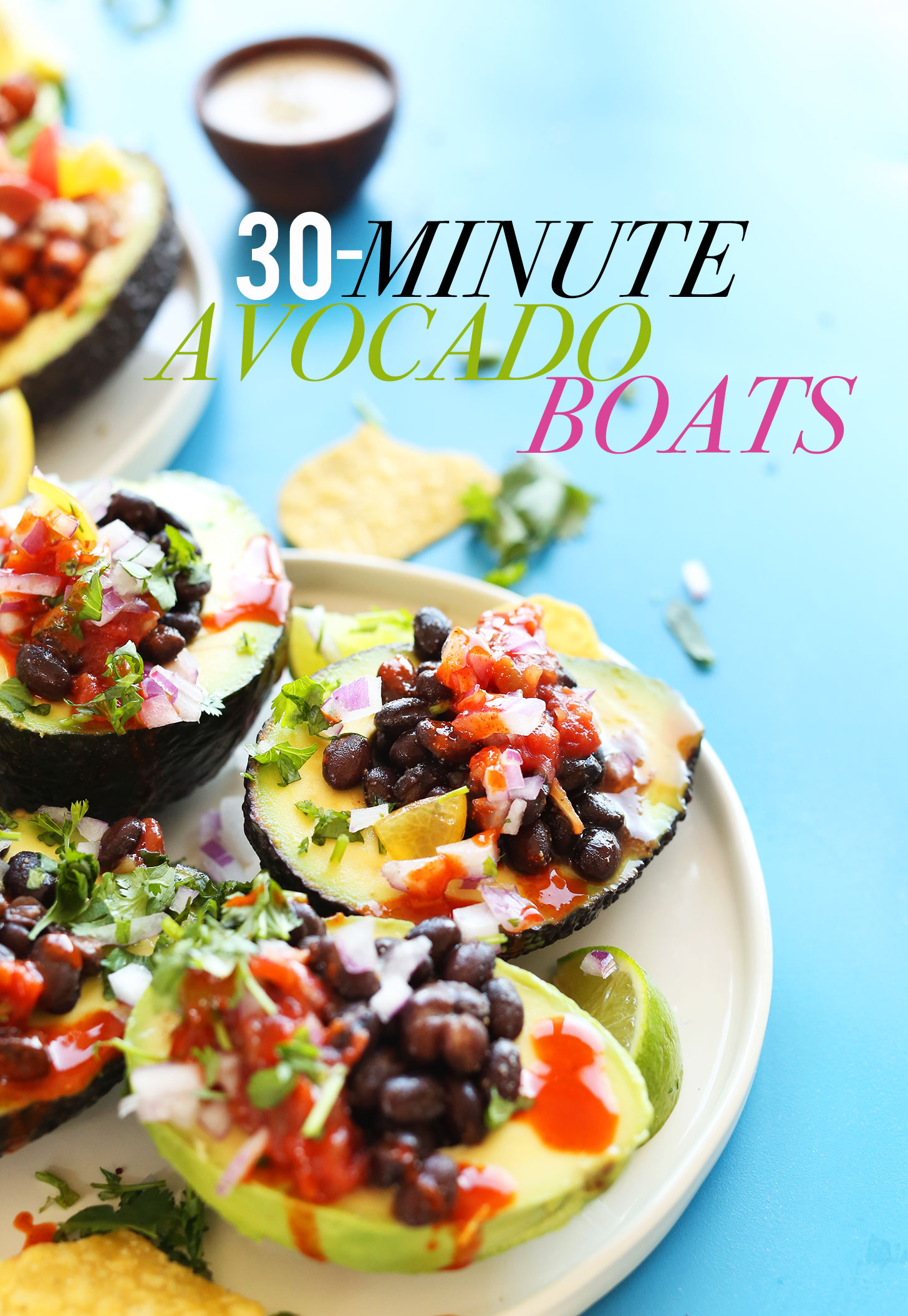 Plate of our Mexican-inspired avocado boats for a simple gluten-free plant-based meal
