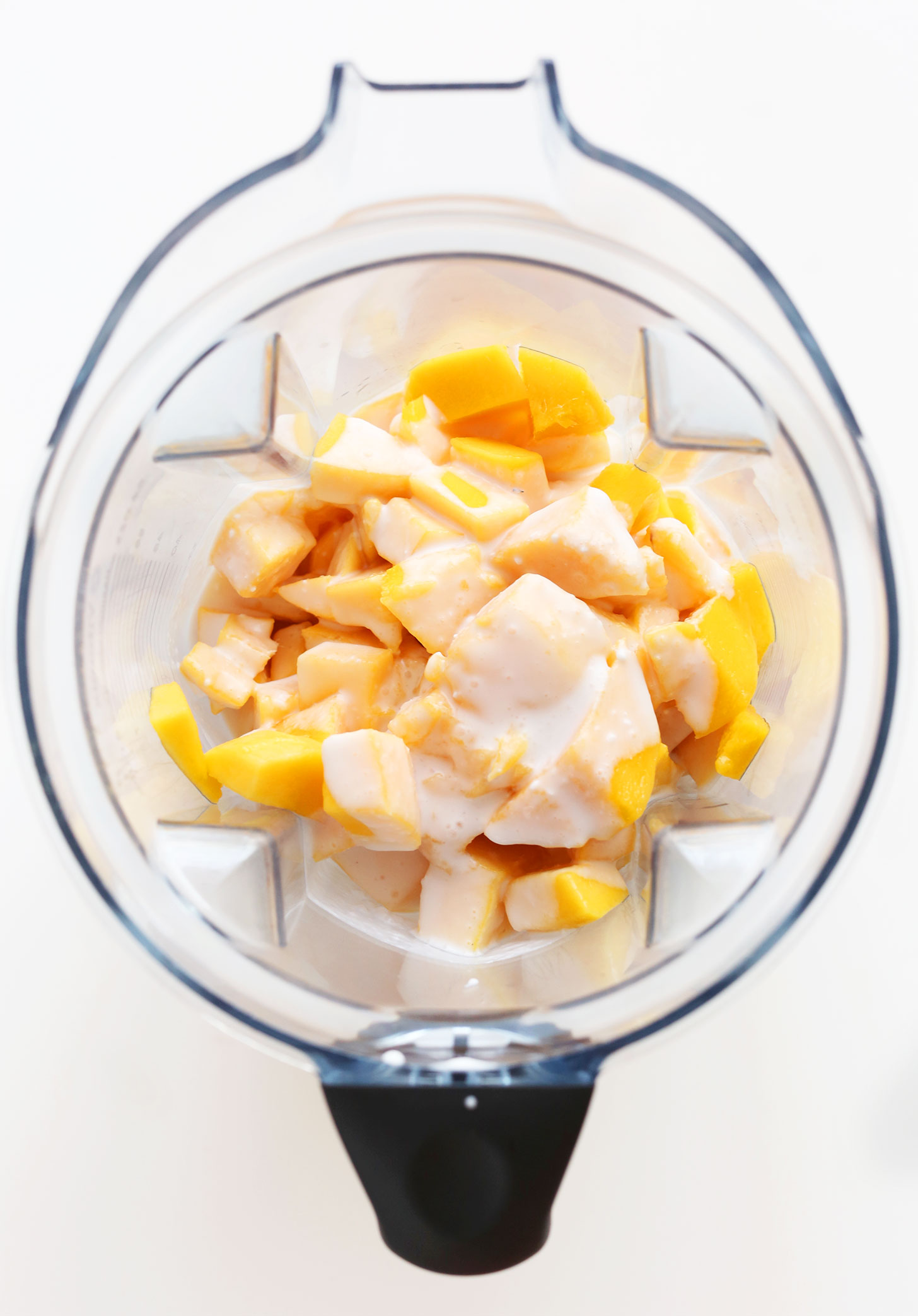 Blender with ingredients for making homemade Mango Raspberry Coconut Sorbet