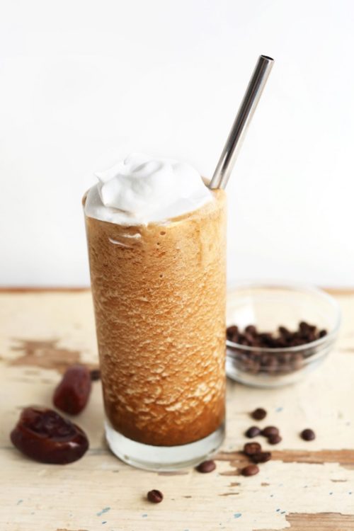 Delicious vegan summer beverage of a healthy version of a Caramel Frappuccino