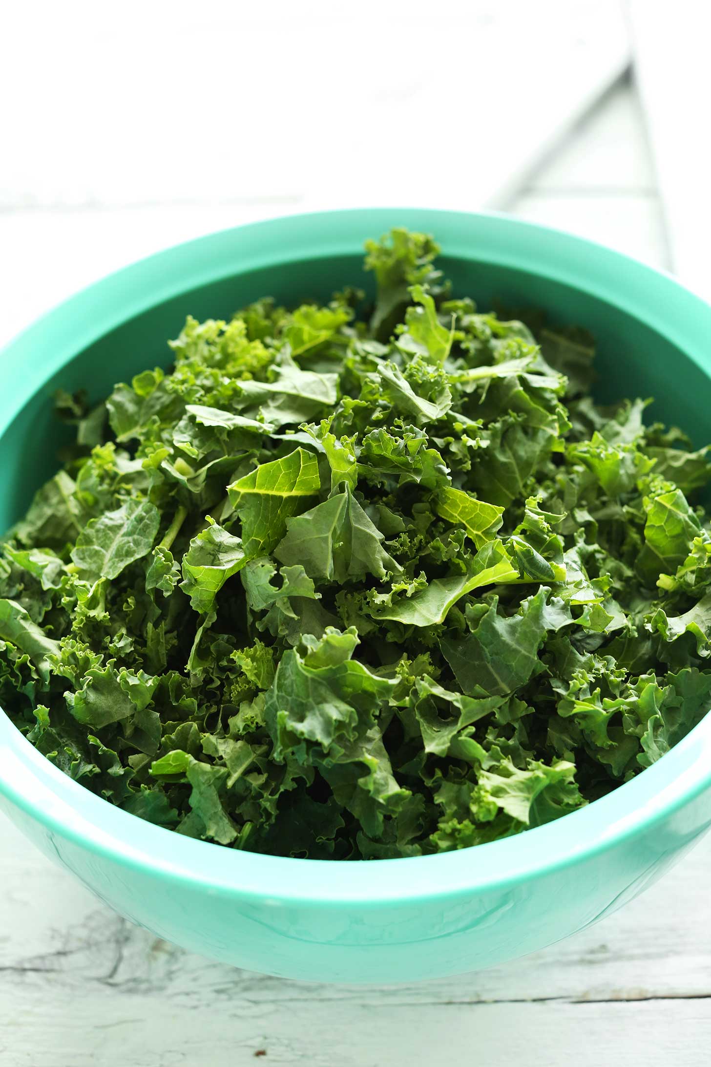 Big bowl of kale ready to be made into delicious vegan kale chips
