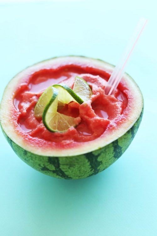 Refreshing healthy summer Watermelon Slushie served in a watermelon
