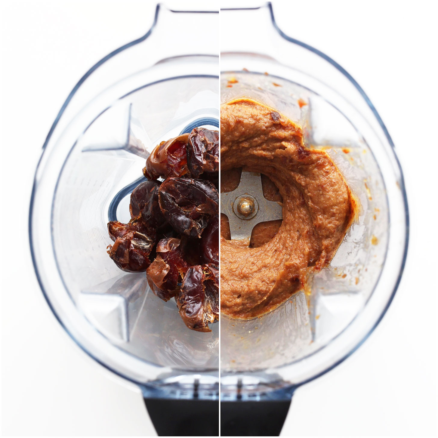 Side-by-side shot of fresh dates and date caramel in a blender
