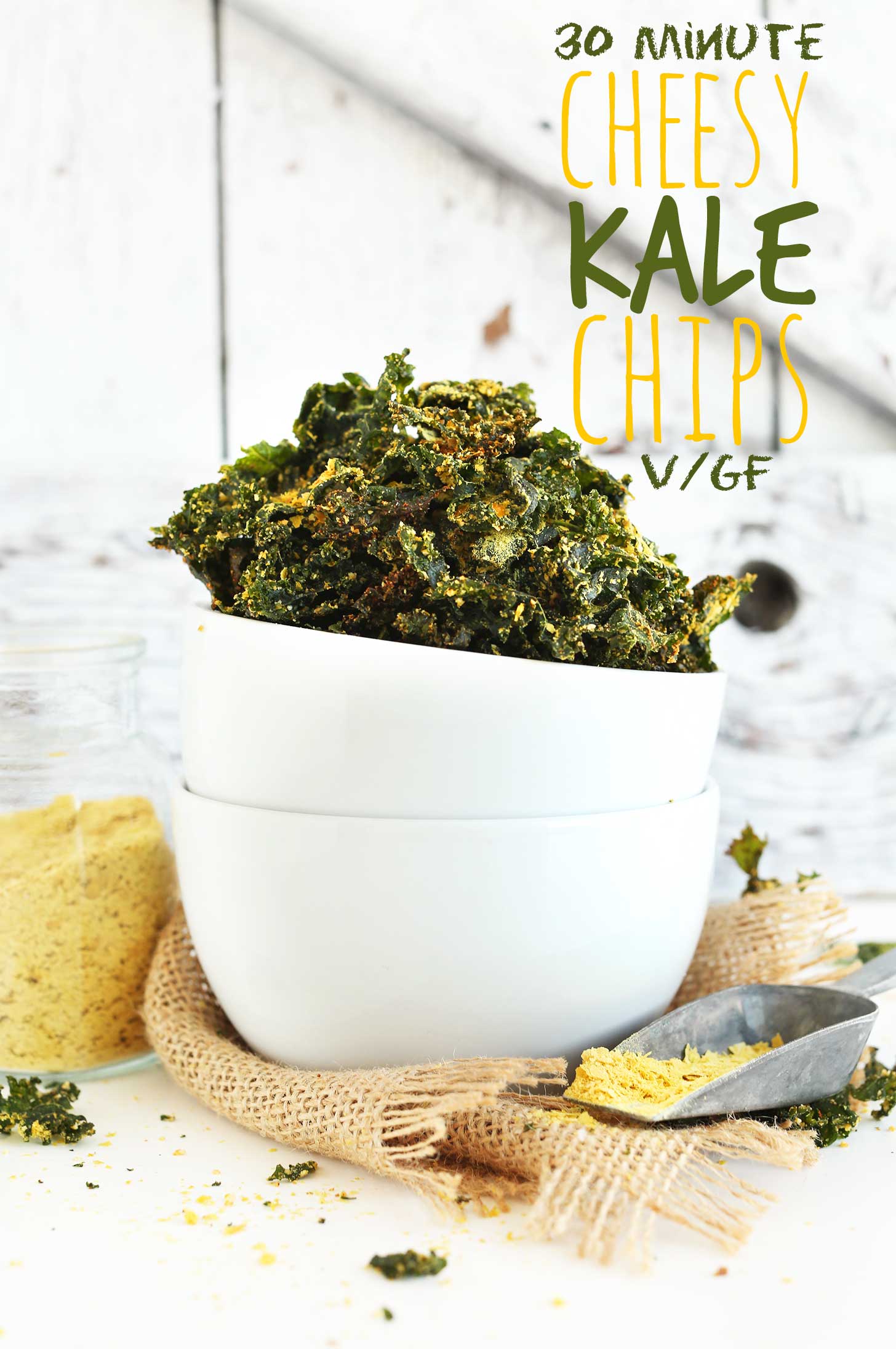 Bowl of delicious gluten-free vegan Cheesy Kale Chips