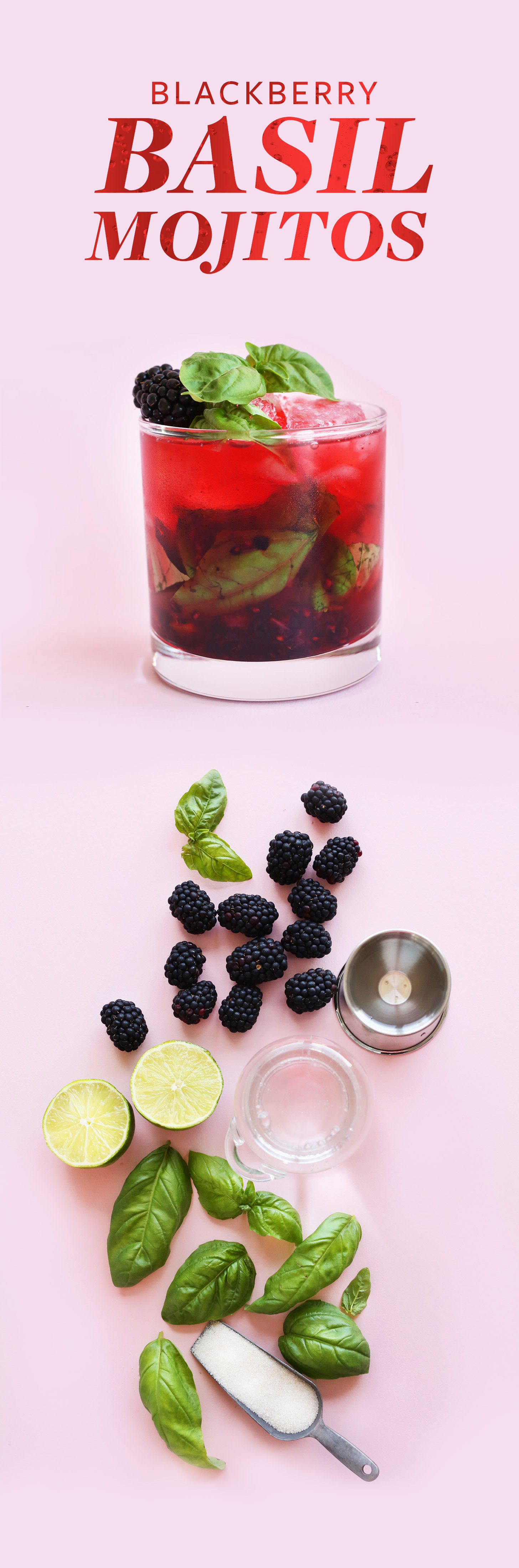 EASY Blackberry Basil Mojitos! Perfect tart, sweet and SO refreshing #vegan #cocktail #mojito #basil #happyhour Glass of Blackberry Basil Mojito and ingredients used to make it