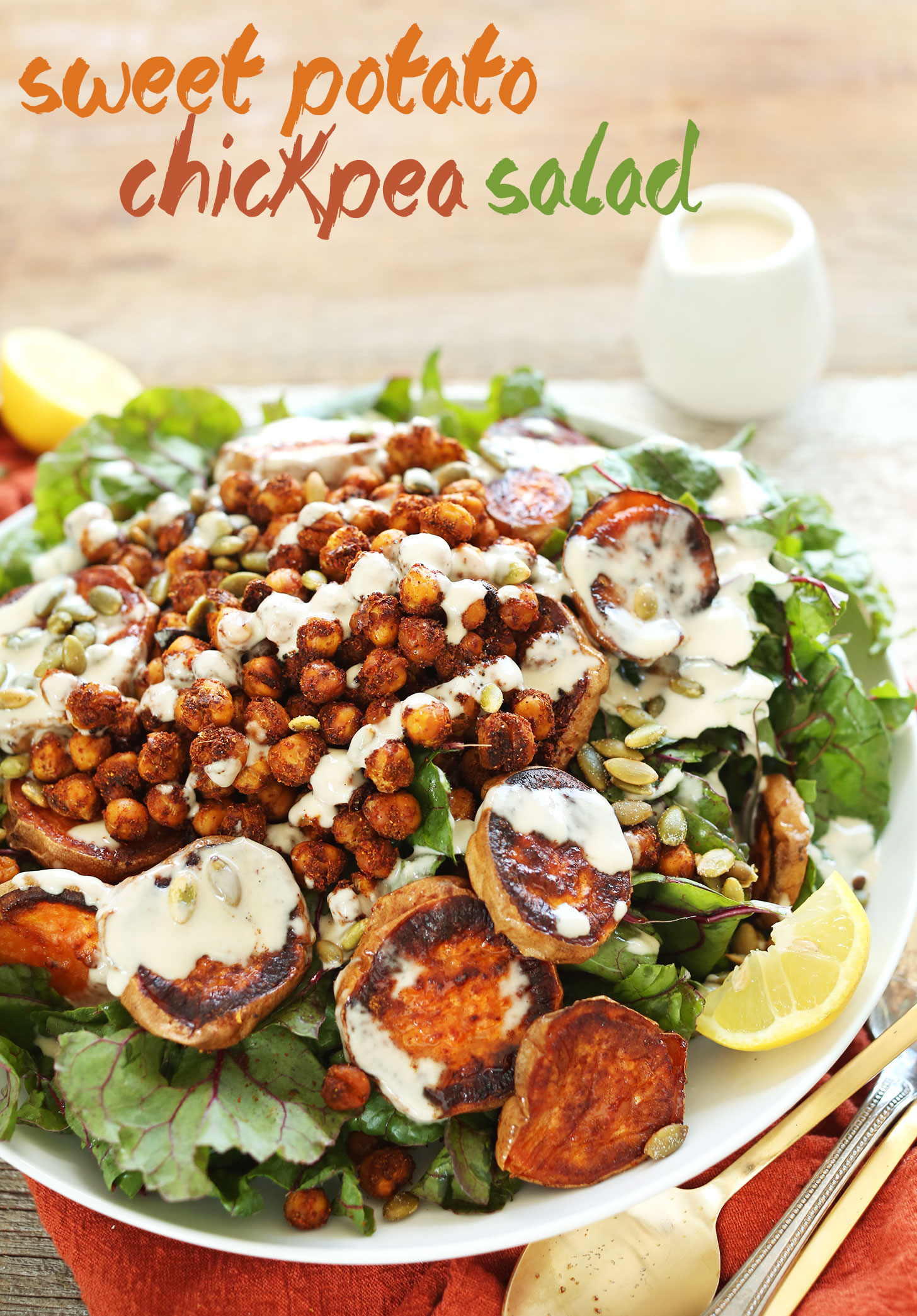 Healthy vegan gluten-free dinner of Sweet Potato Crispy Chickpea Salad with Creamy Tahini Dressing