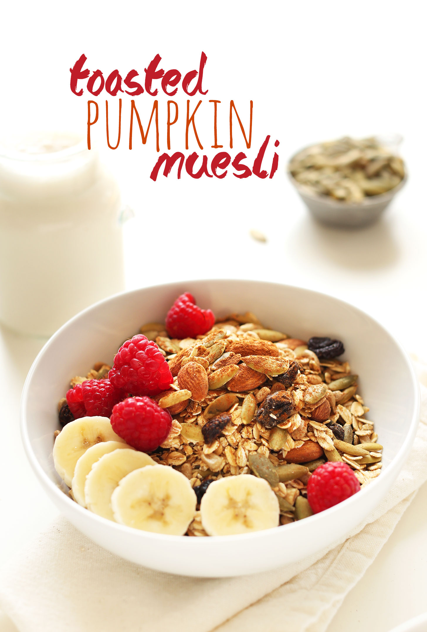 Bowl of Toasted Pumpkin Muesli for a healthy vegan snack