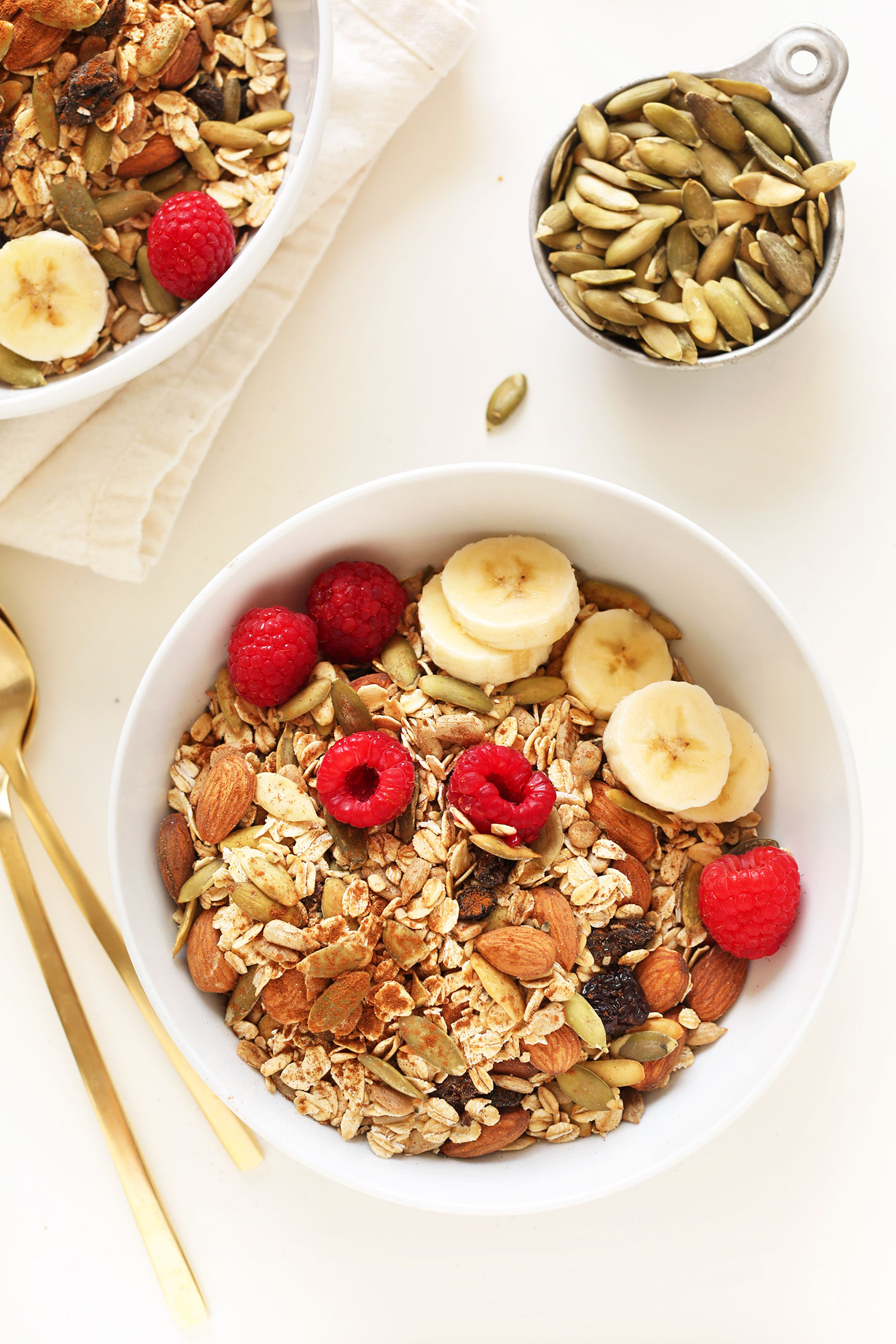 Bowl of our easy, healthy gluten-free breakfast of Toasted Pumpkin Muesli