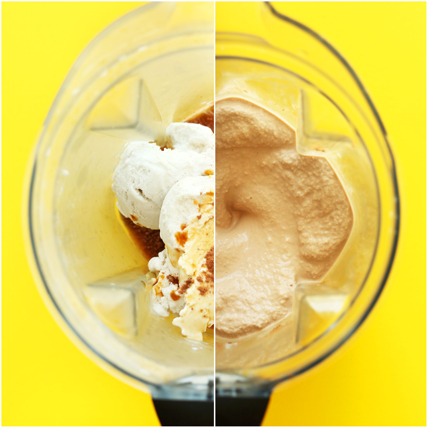 Blender showing before and after photos of our Vegan Mocha Shake recipe