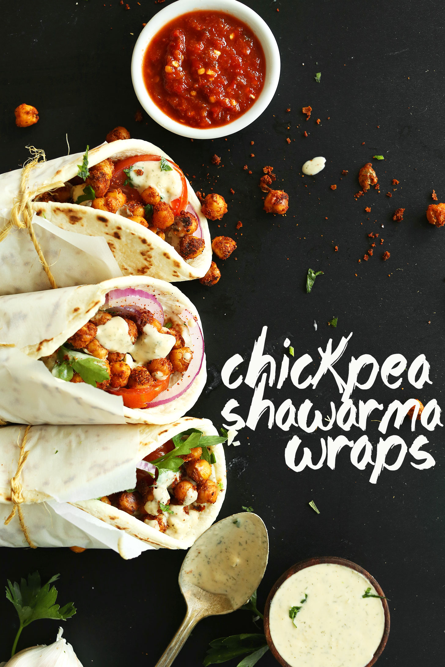 Three of our perfectly rolled vegan Chickpea Shawarma Wraps for a healthy plant-based lunch