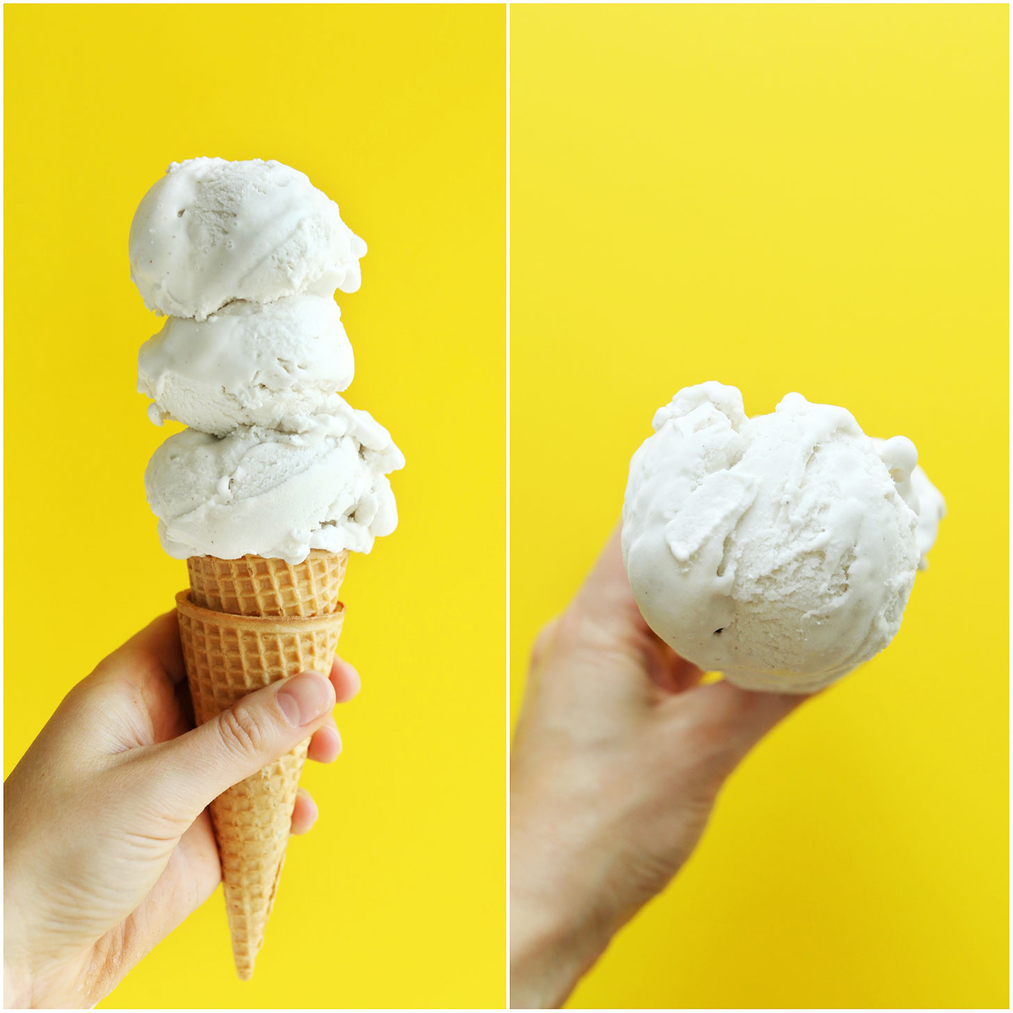 Holding up a cone topped with our vegan Vanilla Coconut Ice Cream recipe