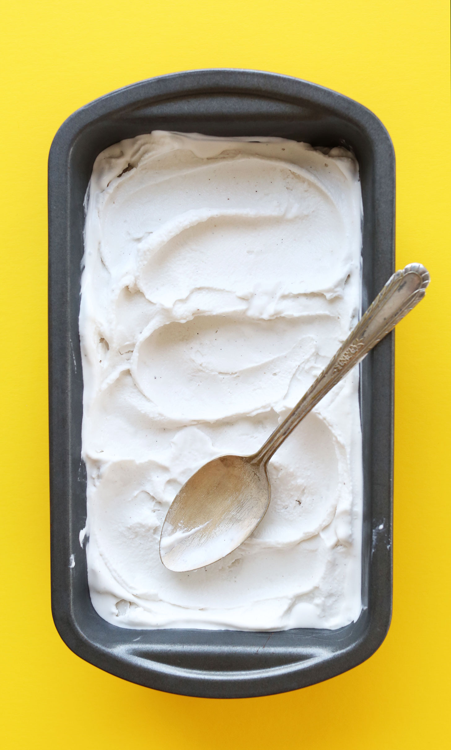 Batch of our homemade vegan coconut ice cream in a pan