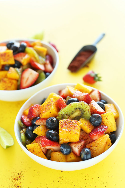 Amazing vegan summer side salad made with colorful fruit and a kick of heat