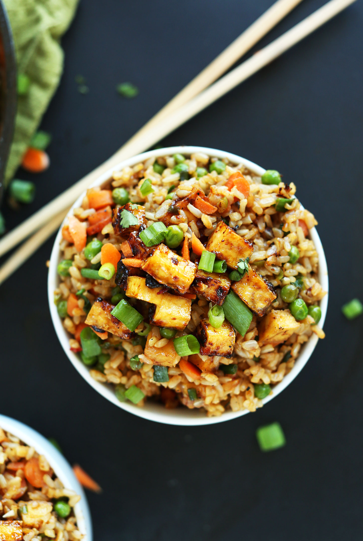 Close up shot of a bowl of our gluten-free Vegan Fried Rice with Crispy Tofu