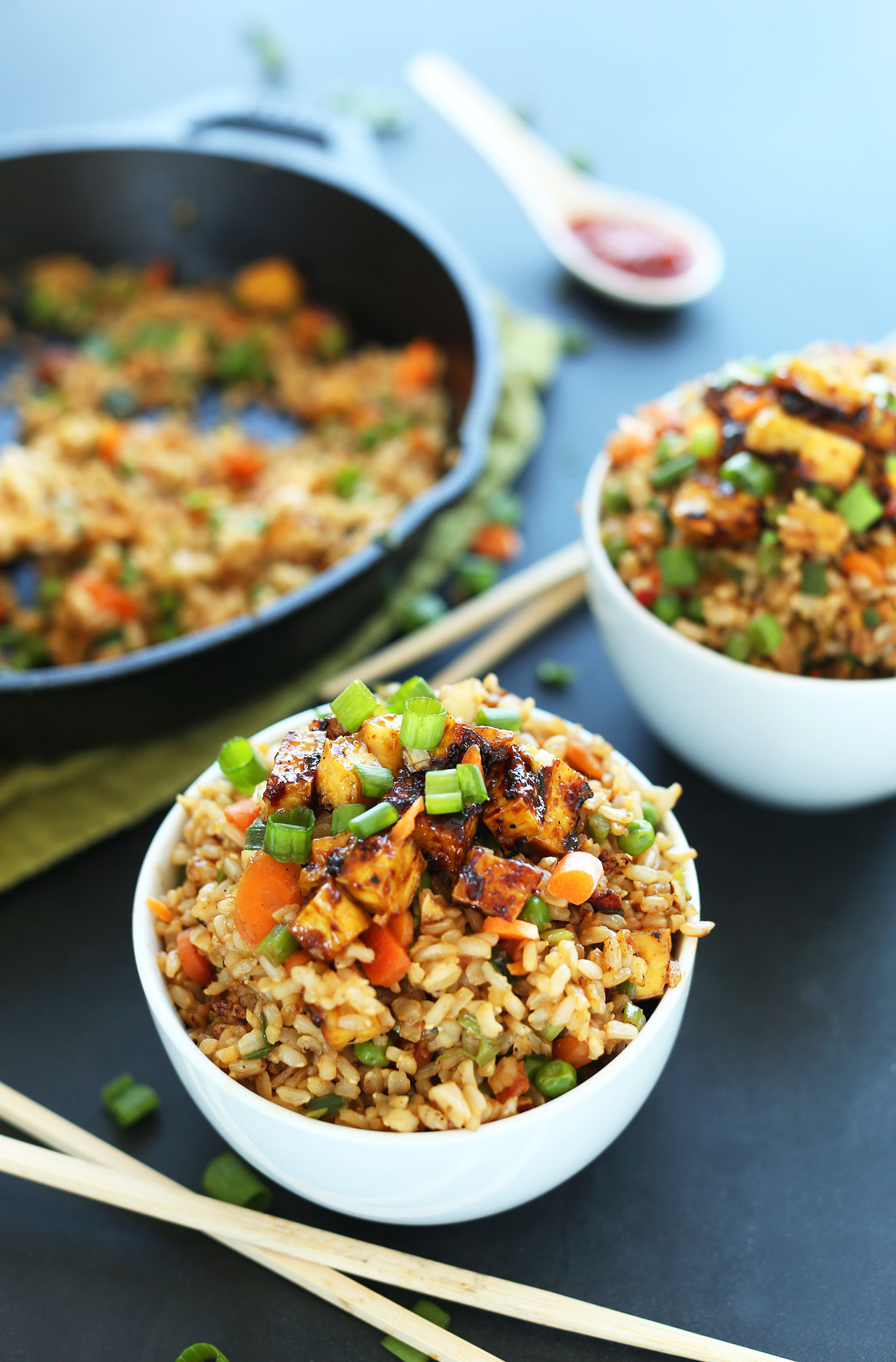 Bowls of our healthy fried rice with crispy tofu for a vegan meal