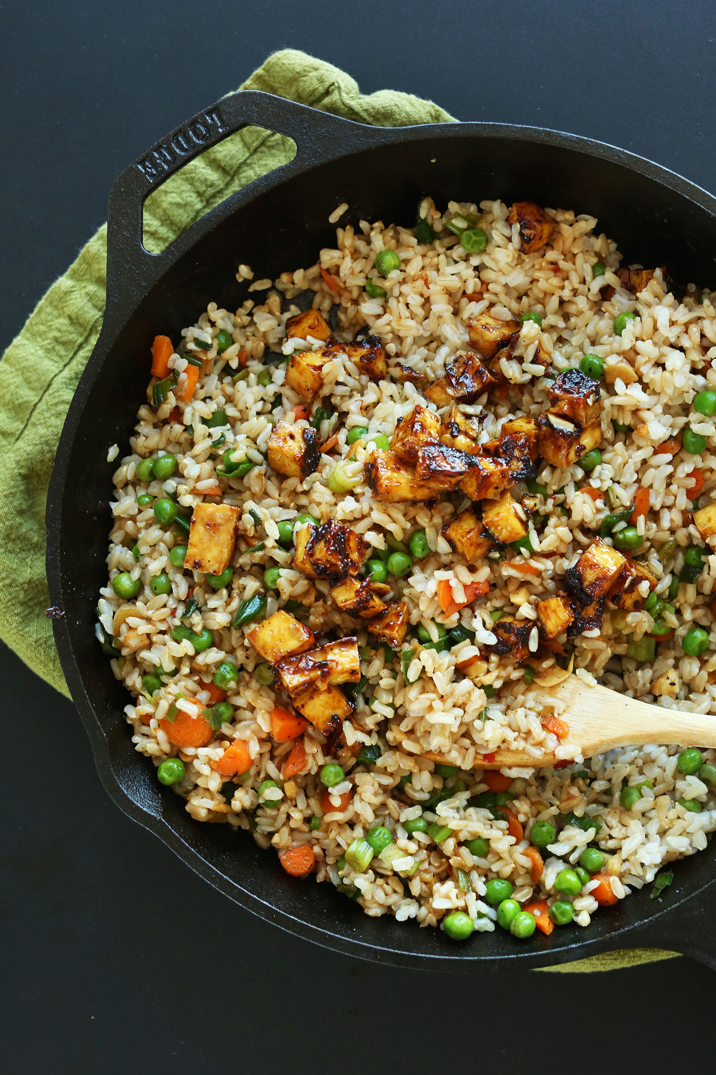 Big pan of our Fried Rice with Crispy Tofu for a healthy plant-based meal