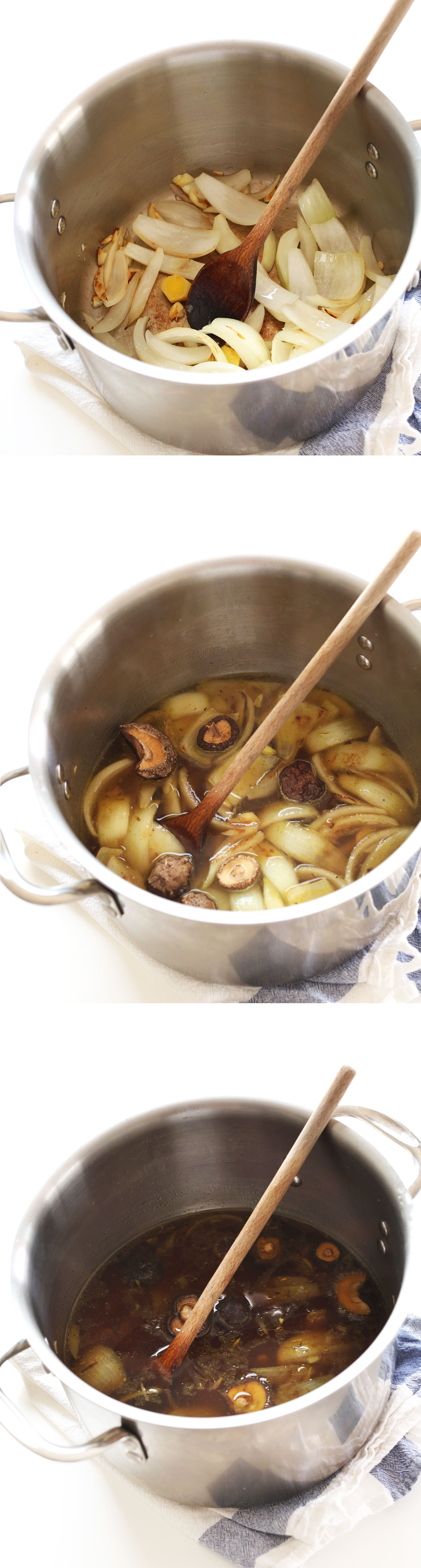 Photos showing steps for making our vegan ramen recipe in a big pot