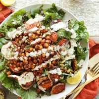Big bowl of Crispy Chickpea Sweet Potato Salad for a healthy vegan meal
