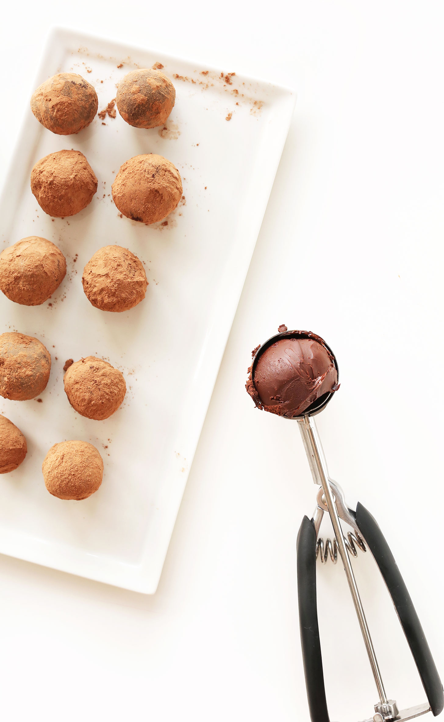 Platter of Dark Chocolate Vegan Truffles coated with cocoa powder