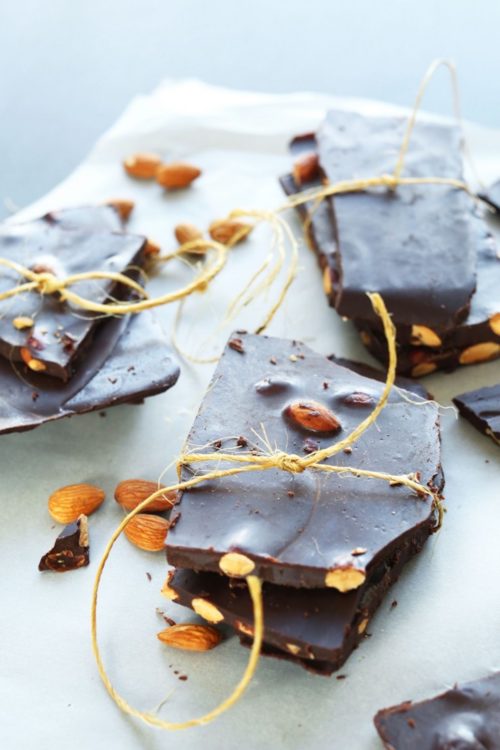 Easy homemade Dark Chocolate Almond Bars wrapped with twine