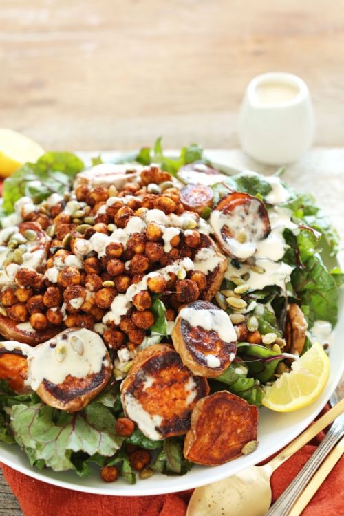 Big serving of our Roasted Sweet Potato and Chickpea Salad for a healthy summer dinner
