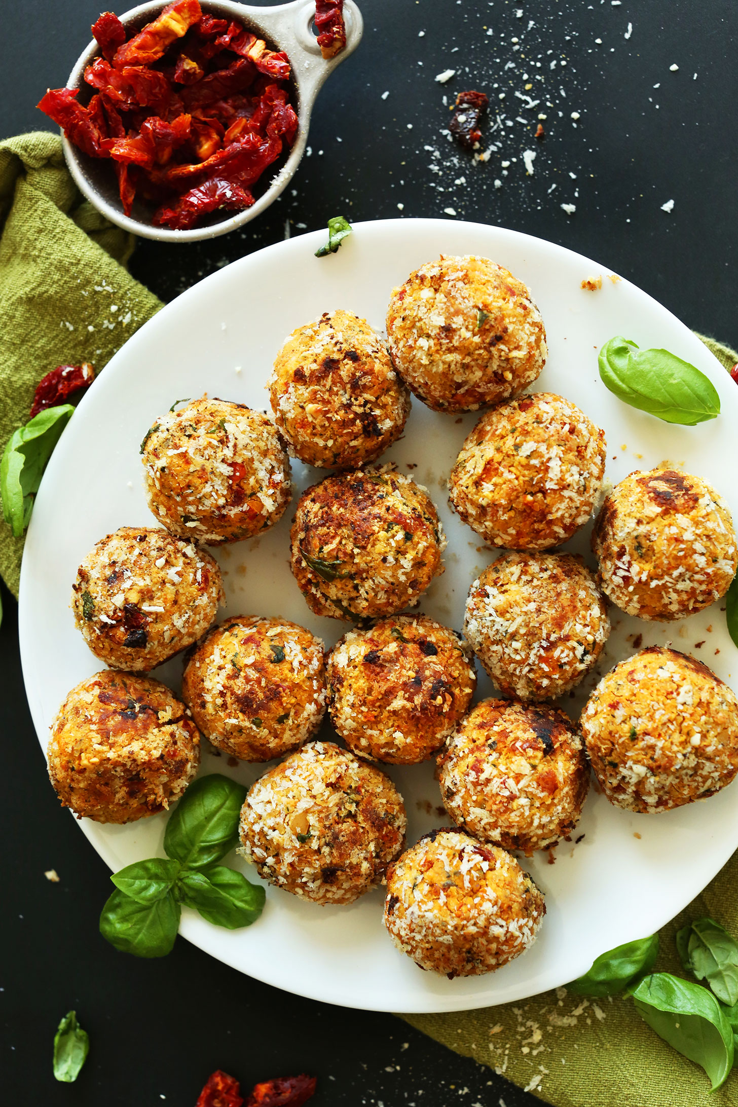 Plate of our incredible Sun-dried Tomato and Basil Chickpea Meatballs for dinner