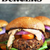 Vegan burger with lettuce, tomato, onion, and special sauce with text above it saying Grillable Veggie Burgers just 10 ingredients