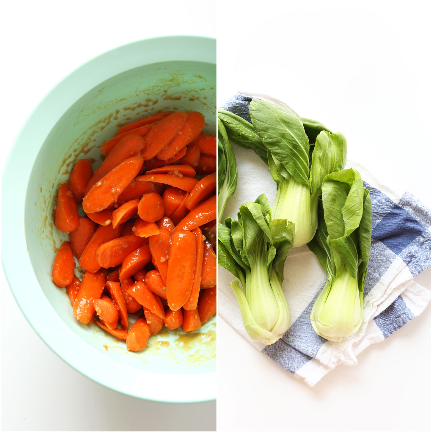 Photos of carrots and baby bok choy for making Miso Roasted Vegetables