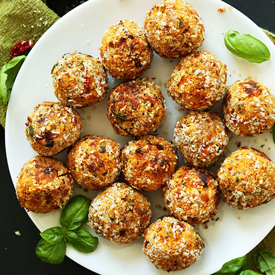 Plate of Vegan Sundried Tomato Basil Meatballs