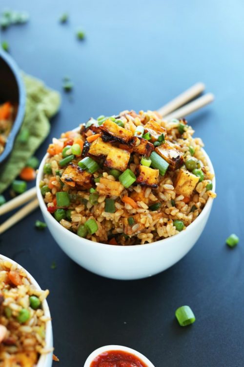 Bowl of the best Vegan Fried Rice recipe topped with Crispy Tofu