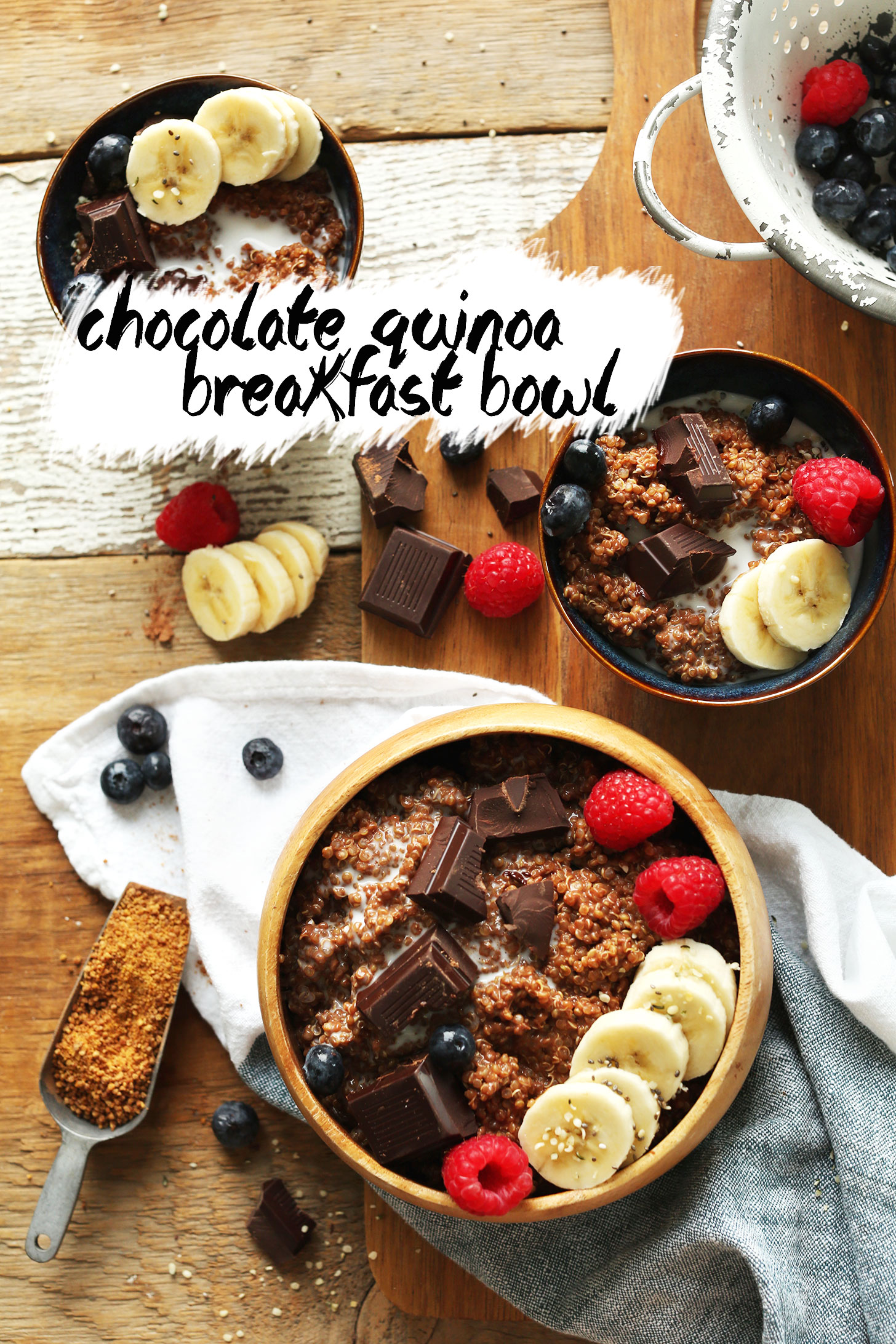 Breakfast bowls filled with our gluten-free vegan Chocolate Quinoa Breakfast Bowls recipe