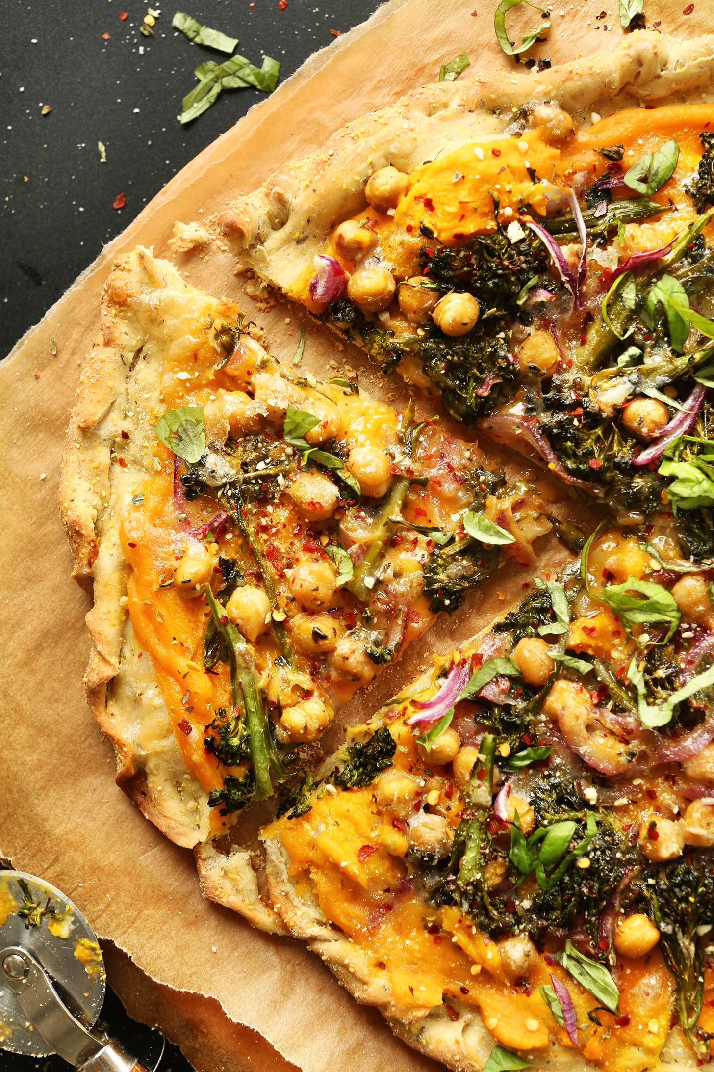 Close up shot of a slice of our homemade vegan pizza