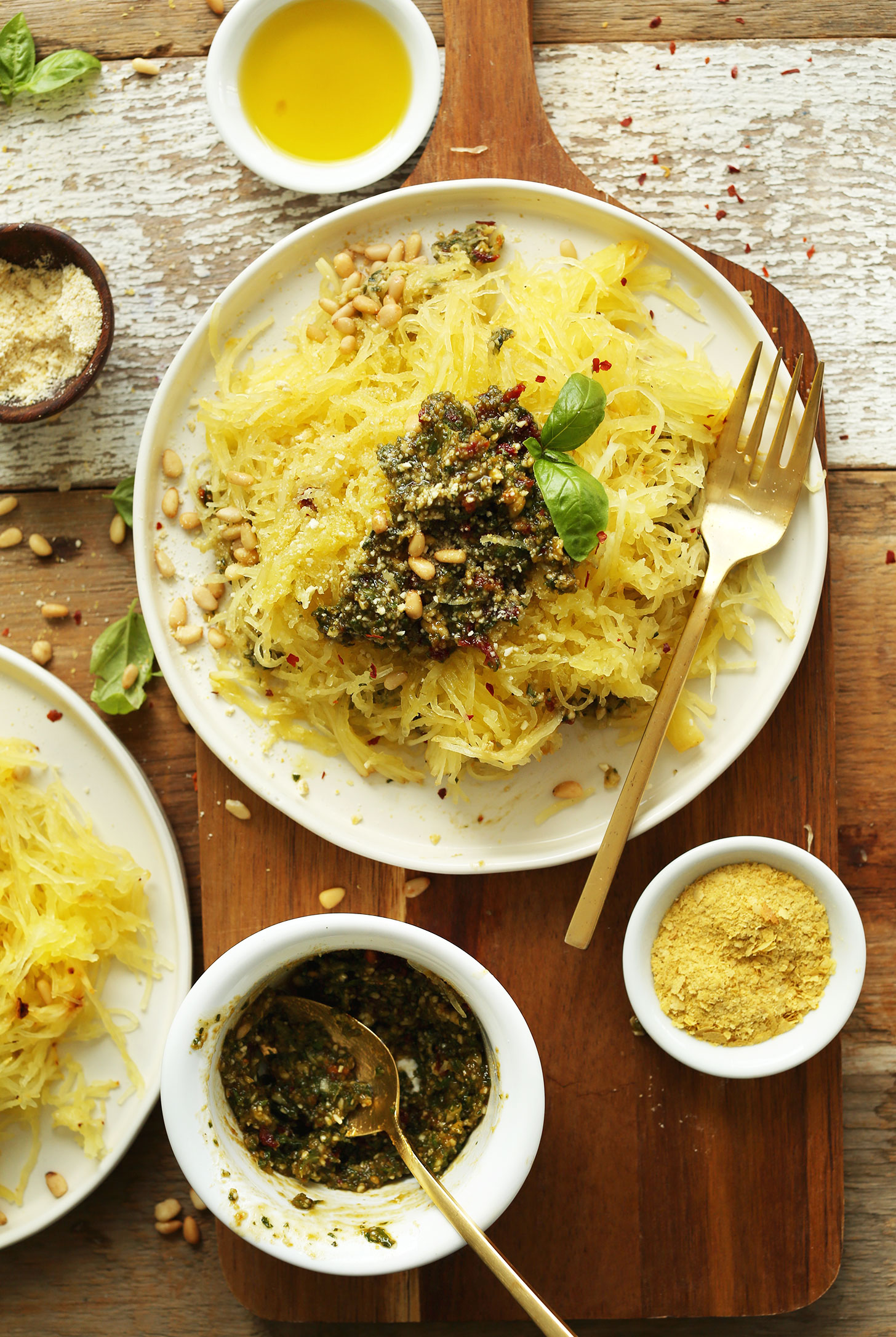 Big plate of Spaghetti Squash Pasta with Pesto for a lower carb vegan meal