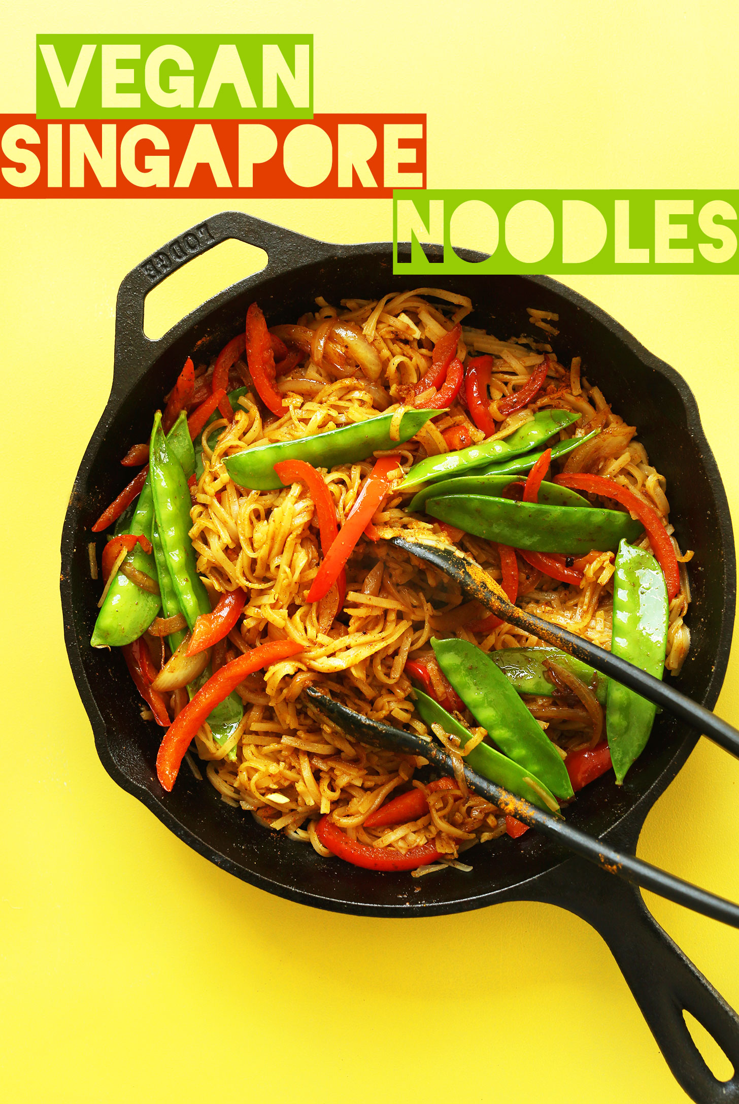 Cast-iron skillet filled with our healthy gluten-free vegan Singapore Noodles for dinner