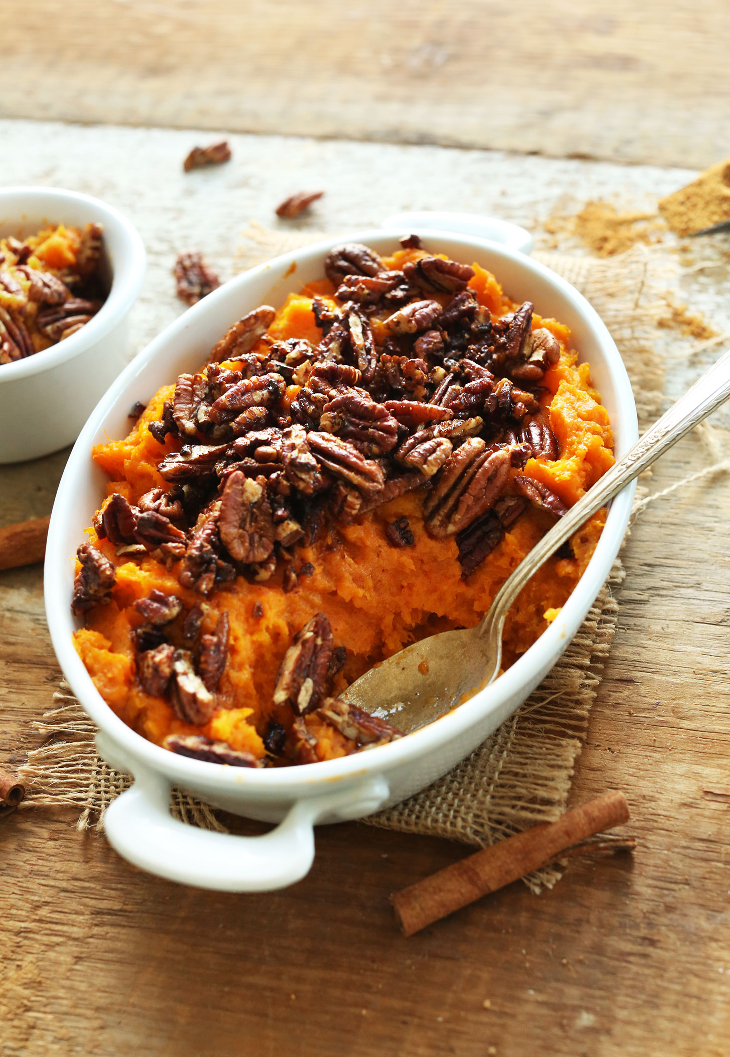 Gluten-free vegan fall recipe of Butternut Squash Sweet Potato Mash with Maple Cinnamon Pecans