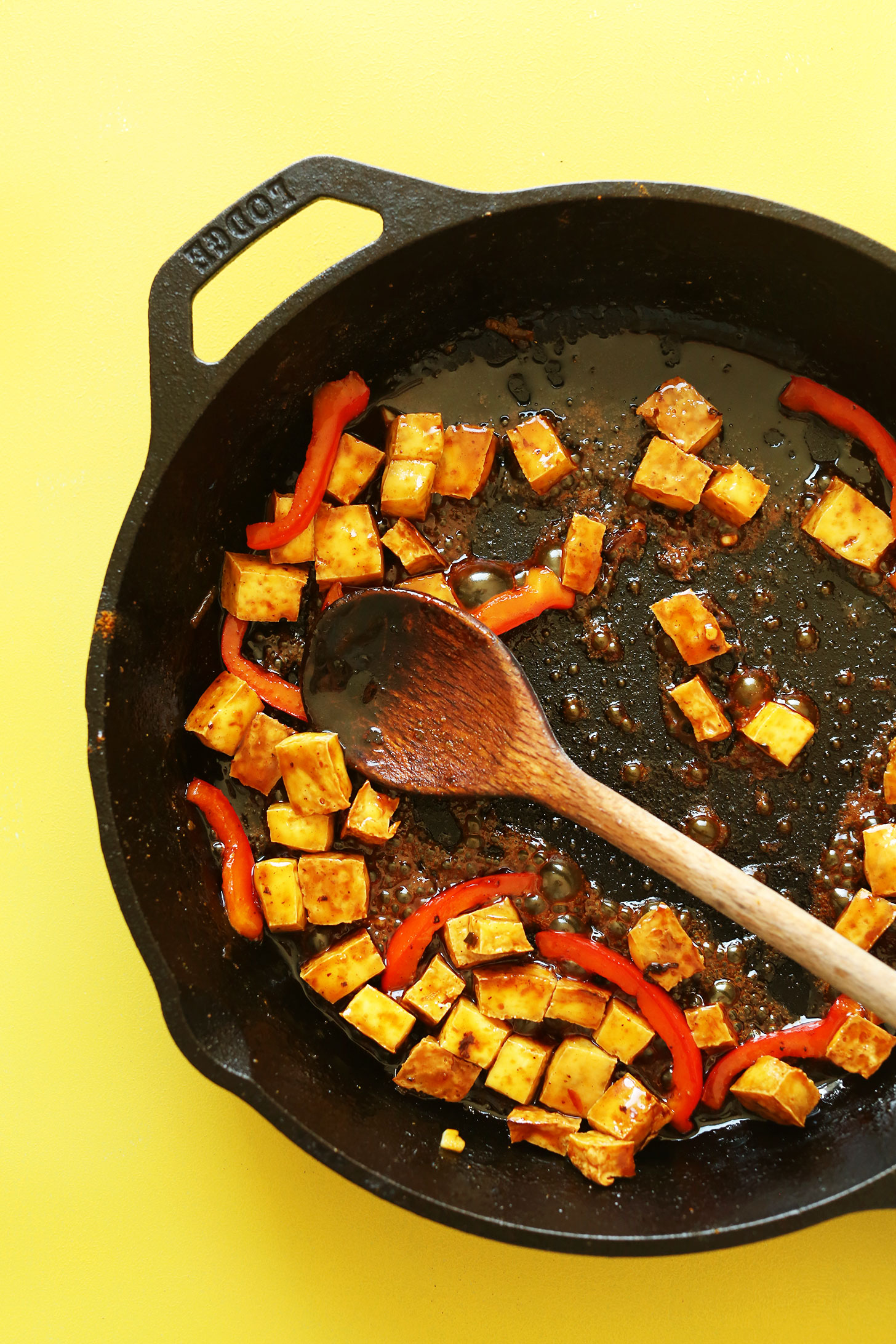 Cooking crispy tofu to add to our Vegan Singapore Noodles recipe