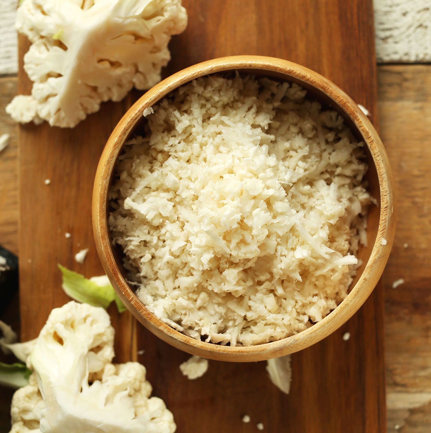 Close up shot of a bowl of cauliflower rice for our How to Make Cauliflower Rice Tutorial