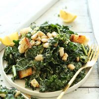 Gold fork resting on a plate of Vegan White Bean Kale Salad
