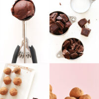 Photos of the process of making our easy dark chocolate truffles including scooping out the chocolate mixture and forming into balls covered with cocoa powder