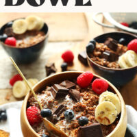 Dark chocolate quinoa breakfast bowls with text above that says plant-based and so simple