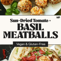 Sun-dried tomato and basil vegan meatballs on a plate and topping a plate of pasta