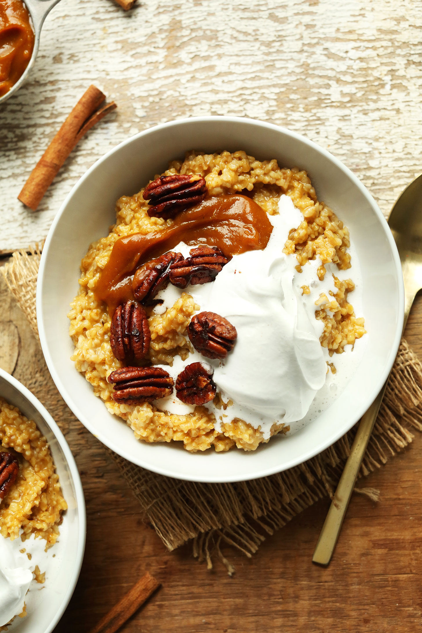 Close up shot of a bowl of indulgent, yet healthy vegan Pumpkin Pie Oats
