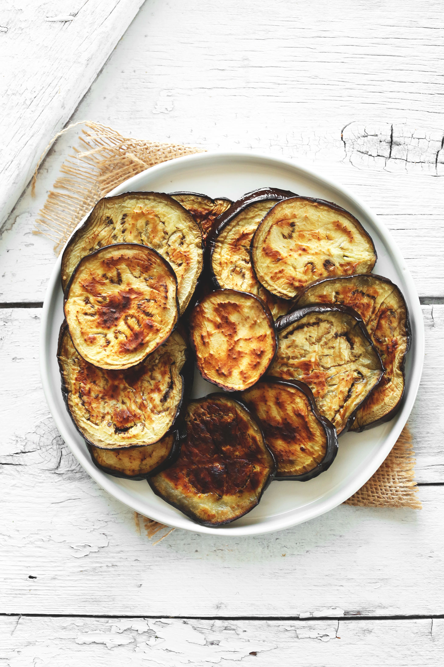 Freshly roasted eggplant slices for our homemade Smoky Harissa Eggplant Dip