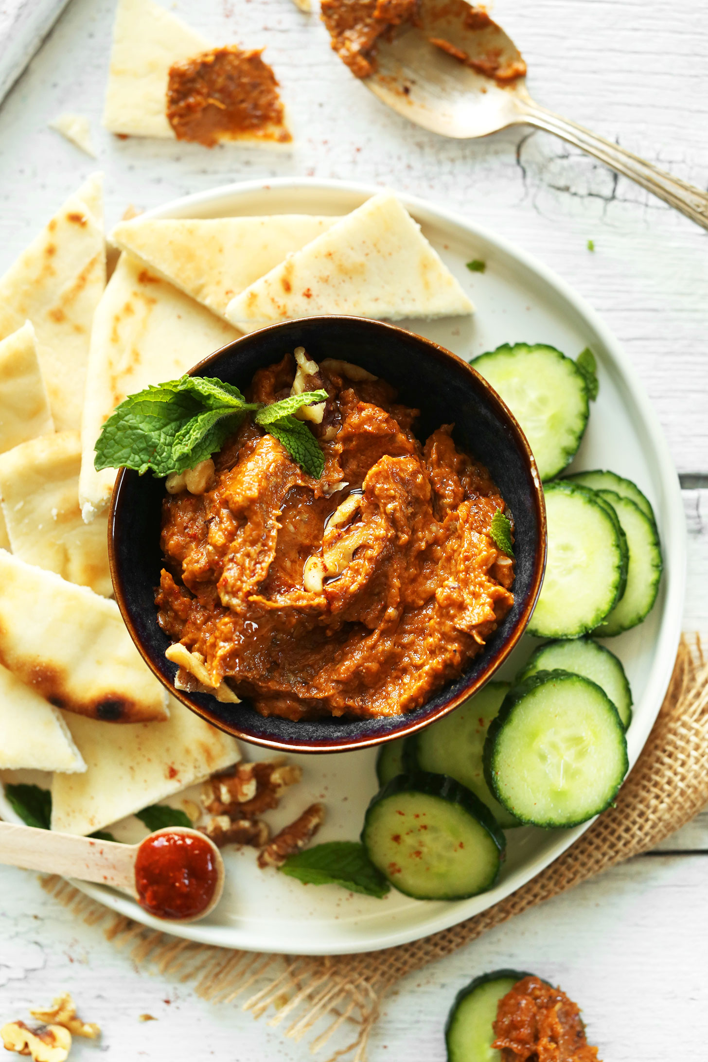 Bowl of our creamy, smoky, and spicy homemade Eggplant Dip for the perfect vegan appetizer