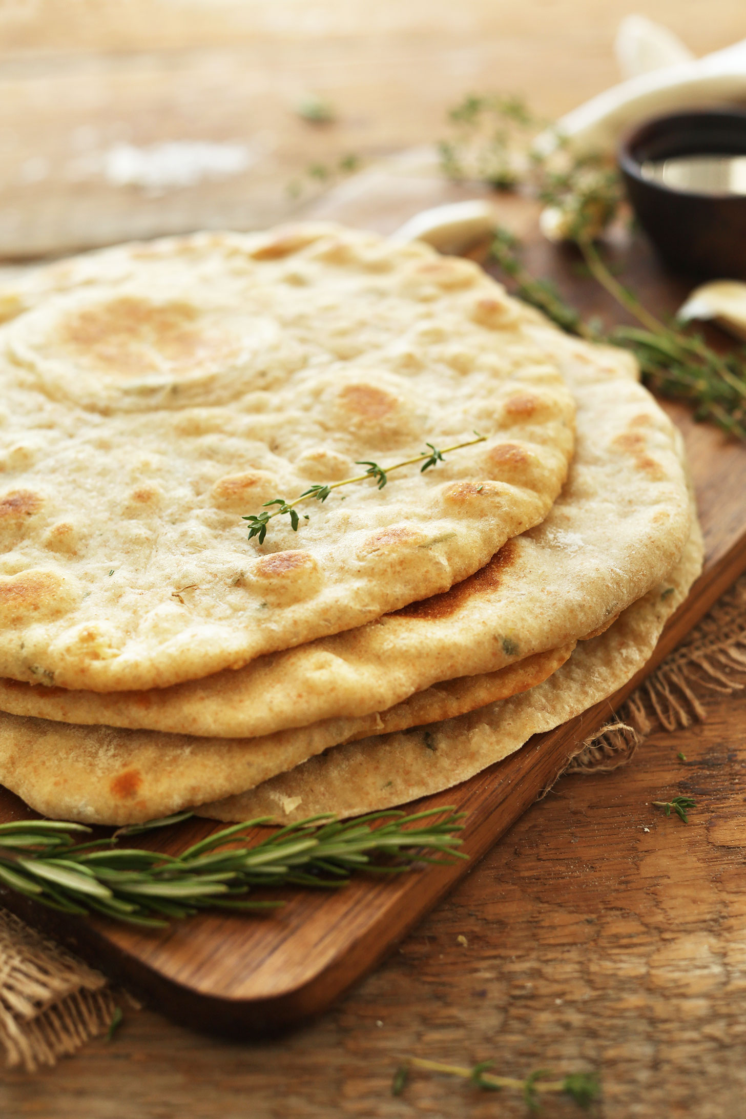 Stack of our healthy vegan flatbreads made with garlic and herbs