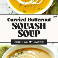 Angled and overhead views of bowls of curried butternut squash soup with text between that says 500+ five-star reviews