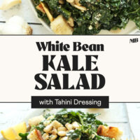 Angled and overhead views of plates of our White Bean Kale Salad with Tahini Dressing