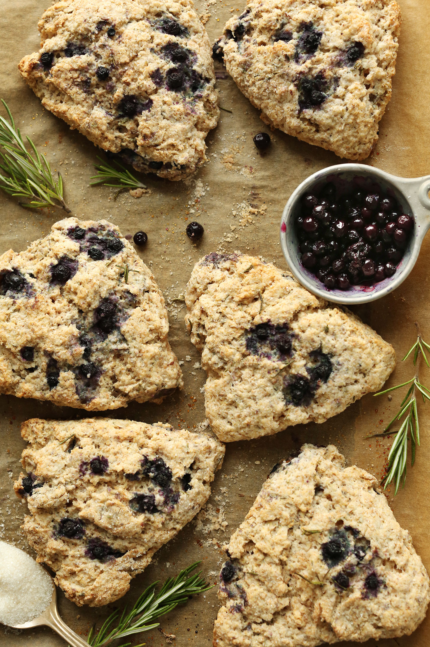Parchment-lined baking sheet filled with Rosemary Blueberry Scones