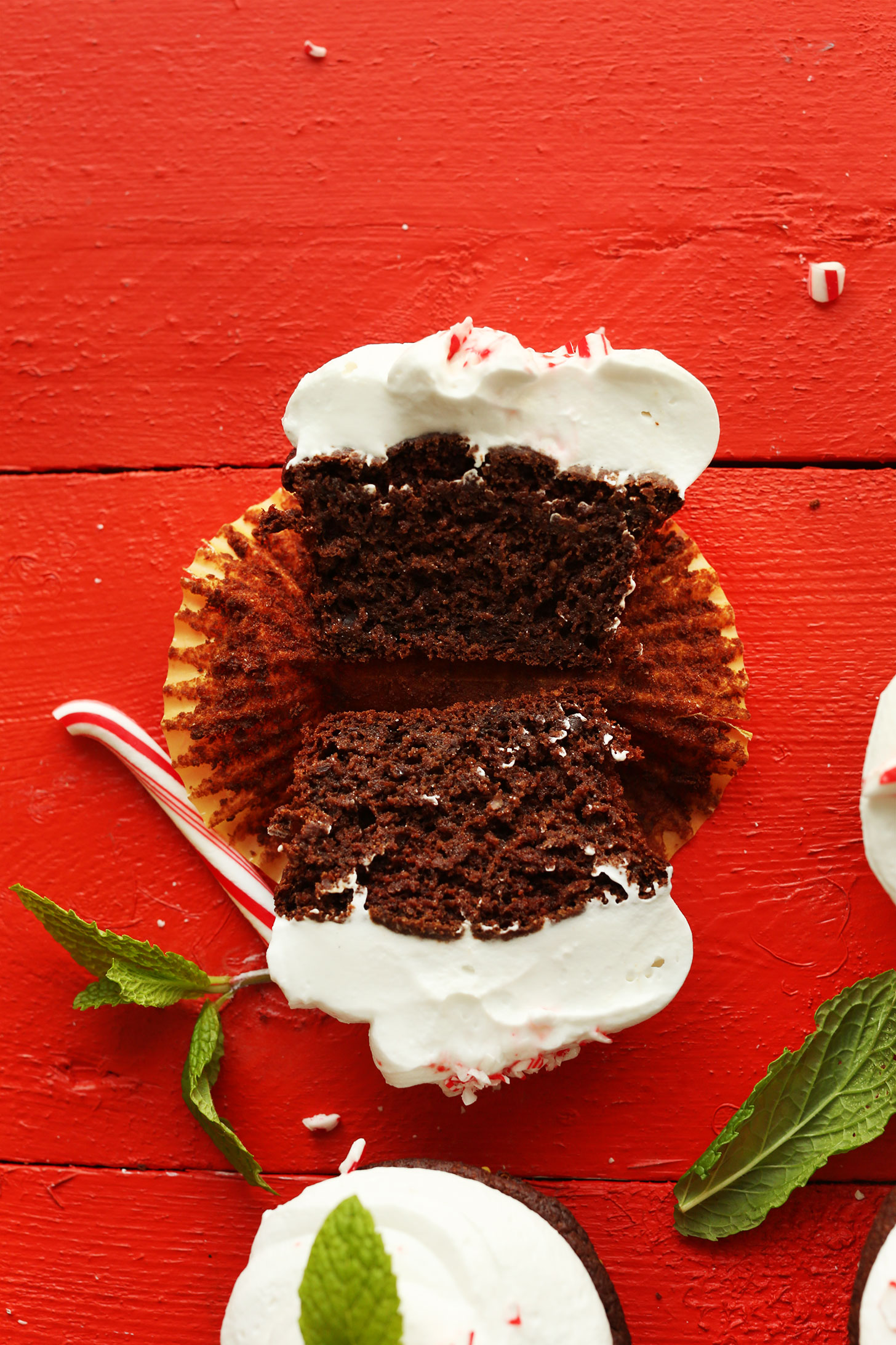 Halved Chocolate Peppermint Cupcake with vegan frosting